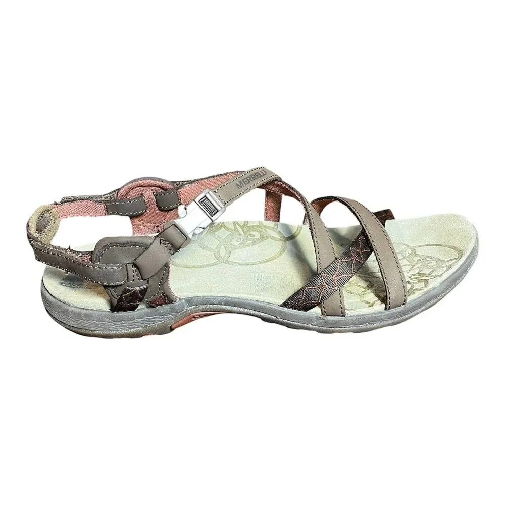Merrell Sandals Women 10 Jacardia Dark Earth Strappy Leather Hiking Trail J57606